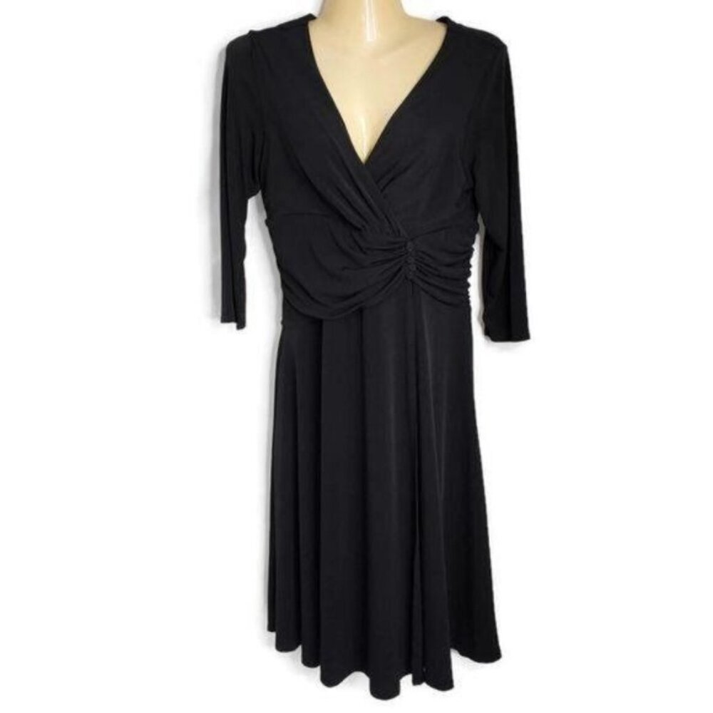 Traces by‎ Tracy Evans Dress Women 6 Black Faux Wrap Ruched V-Neck Midi A-Line